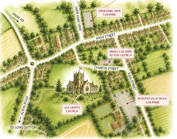 Illustrated map showing All Saints Church and nearby parking in Odiham.