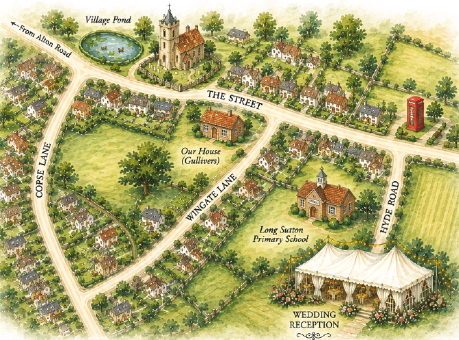 Illustrated map showing Long Sutton Recreation Ground, Gullivers and nearby roads.
